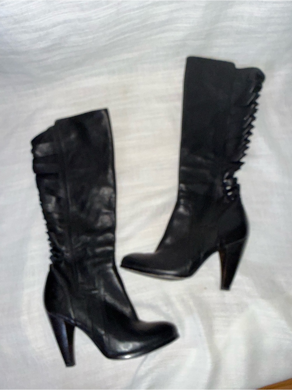 Frye Black Leather Mid-Calf Heeled Boots